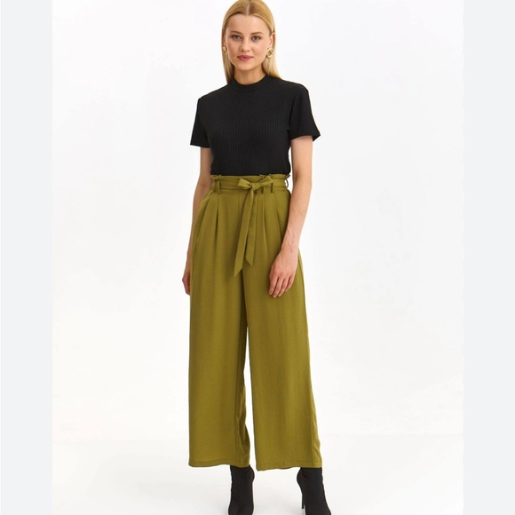 Joie Pants - J by Joie High Rise Chartreuse Satin Pant Tie Waist Wide Split Leg Size M